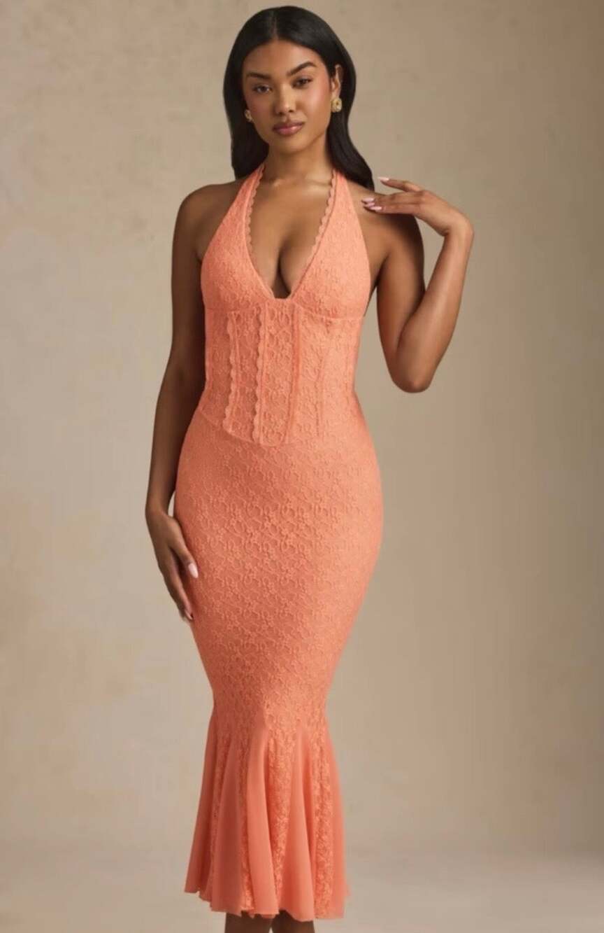 Oh Polly Lace Meremade Midi Dress Coral Orange Size L